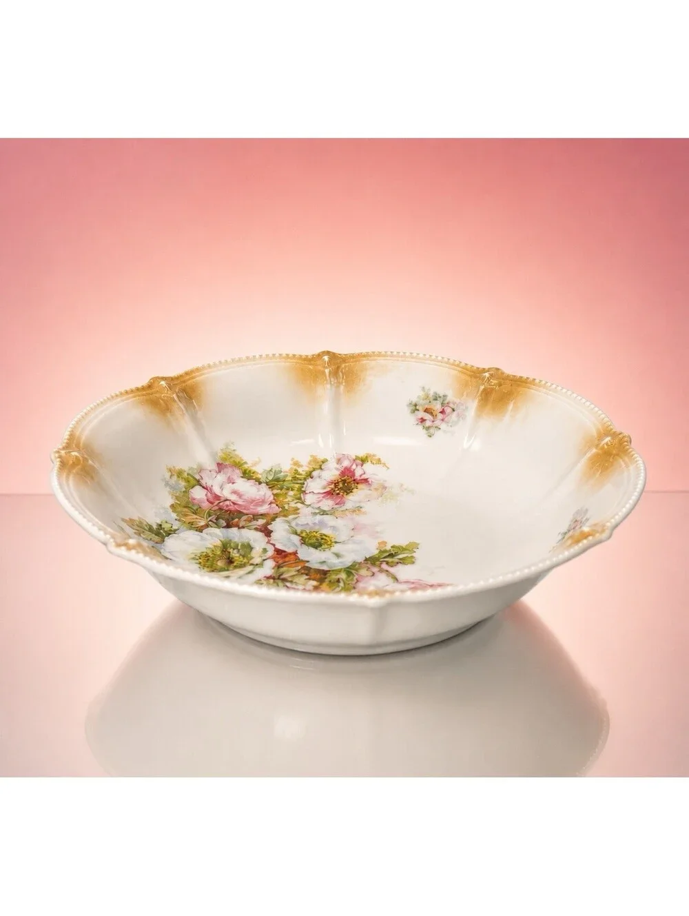 German Antique 1910s Poppy Floral Porcelain Scalloped Bowl, 9x2.5”